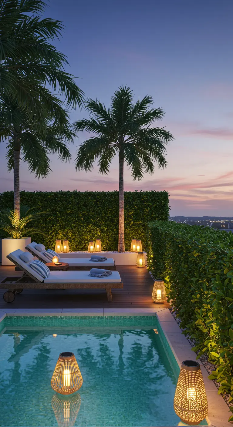 Two loungers by a pool at dusk, backed by a high green hedge and lit by floor lanterns.