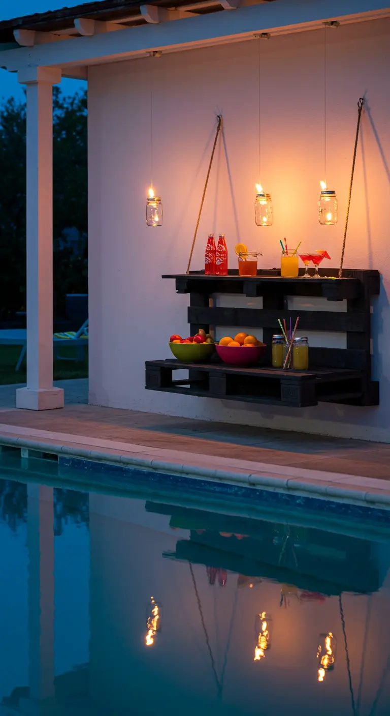 A dark-stained, wall-mounted pallet bar by a pool, with hanging jar lights and colorful drinks.