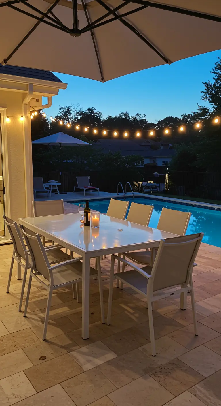 A poolside dining table at dusk, with globe lights strung from the house to an umbrella.
