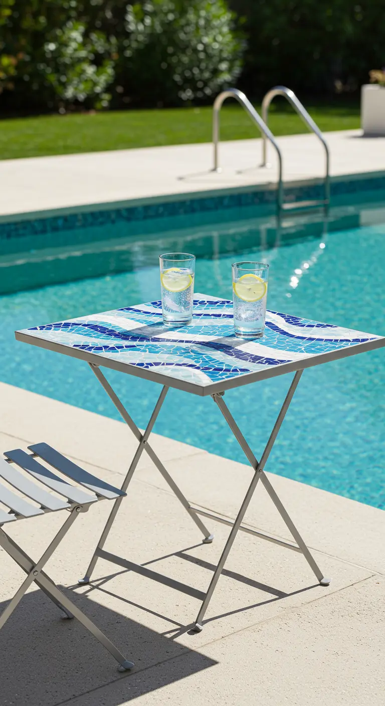 Square mosaic bistro table with a blue wave pattern next to a swimming pool.