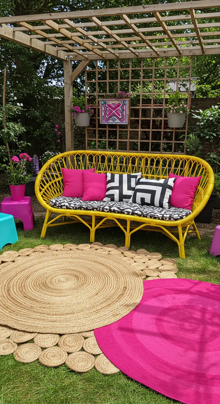 A bright yellow rattan sofa with pink and graphic pillows on layered colorful rugs.