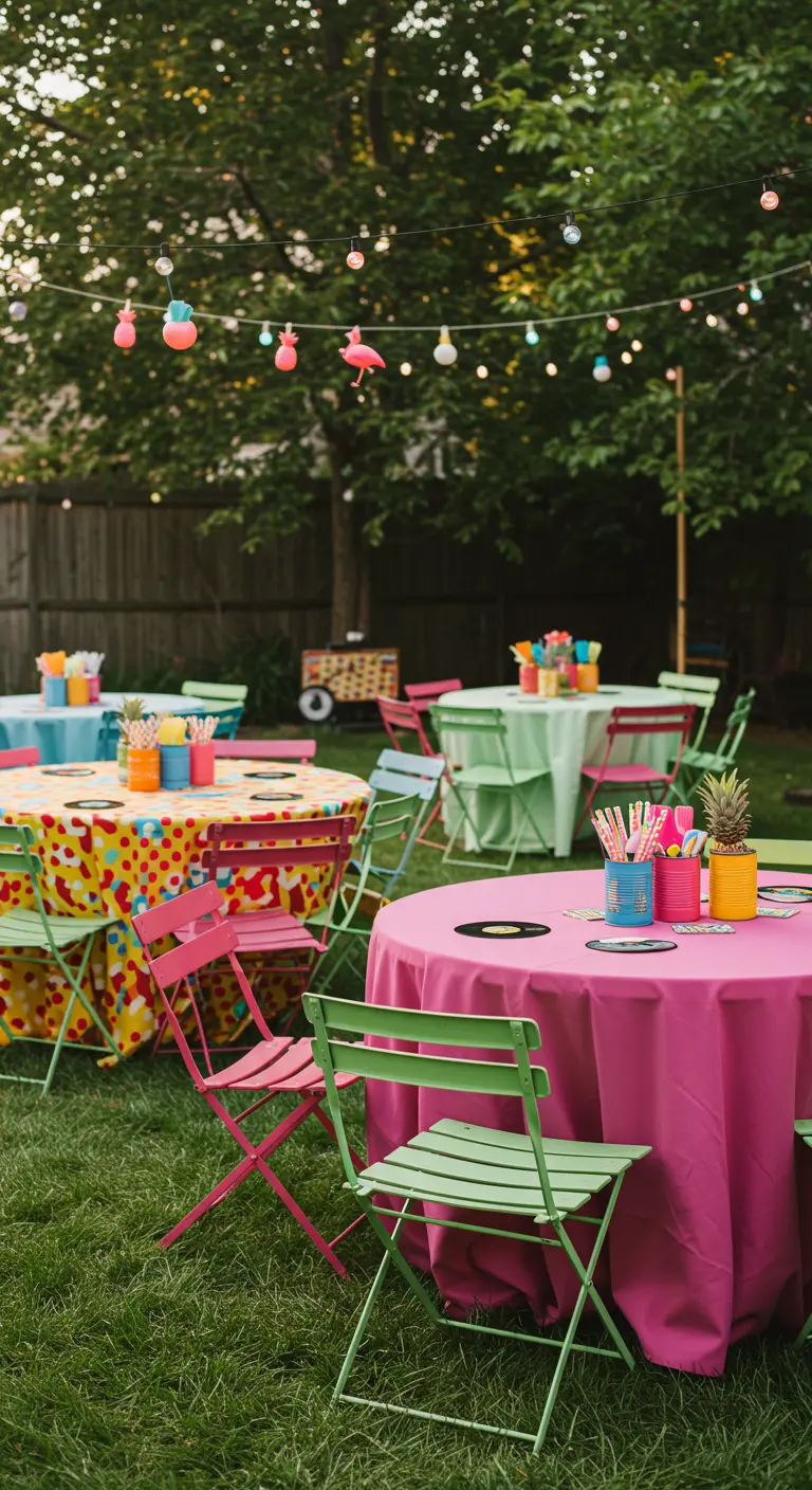 Colorful outdoor party with bright tablecloths, lime green chairs, and painted tin cans on tables.
