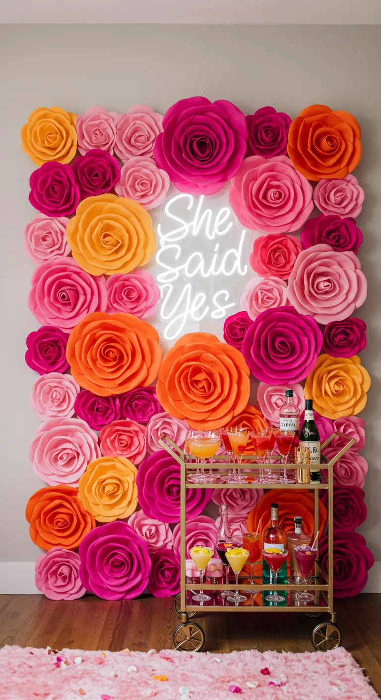 A vibrant wall of large paper roses in pink and orange with a neon sign.