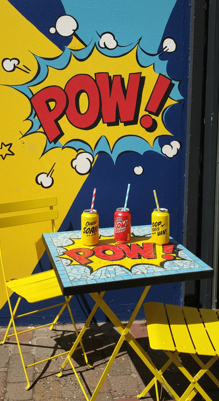 A pop-art mosaic table with the word 'POW!' in front of a matching wall mural.
