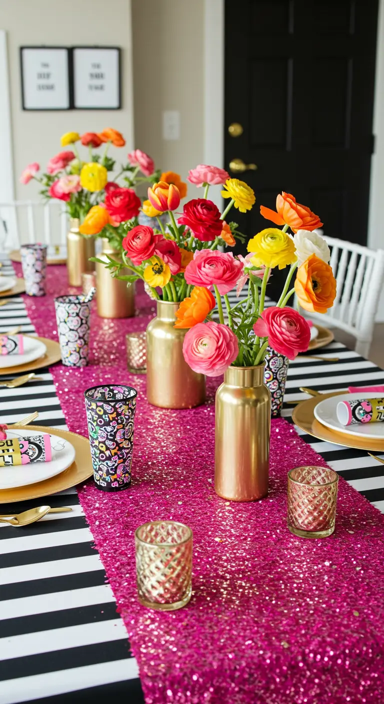 A bright party table with a hot pink sequin runner over a striped cloth and colorful flowers.