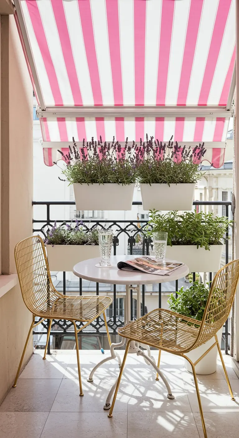 A balcony with modern gold wire chairs, white planters, and a pink-and-white awning.