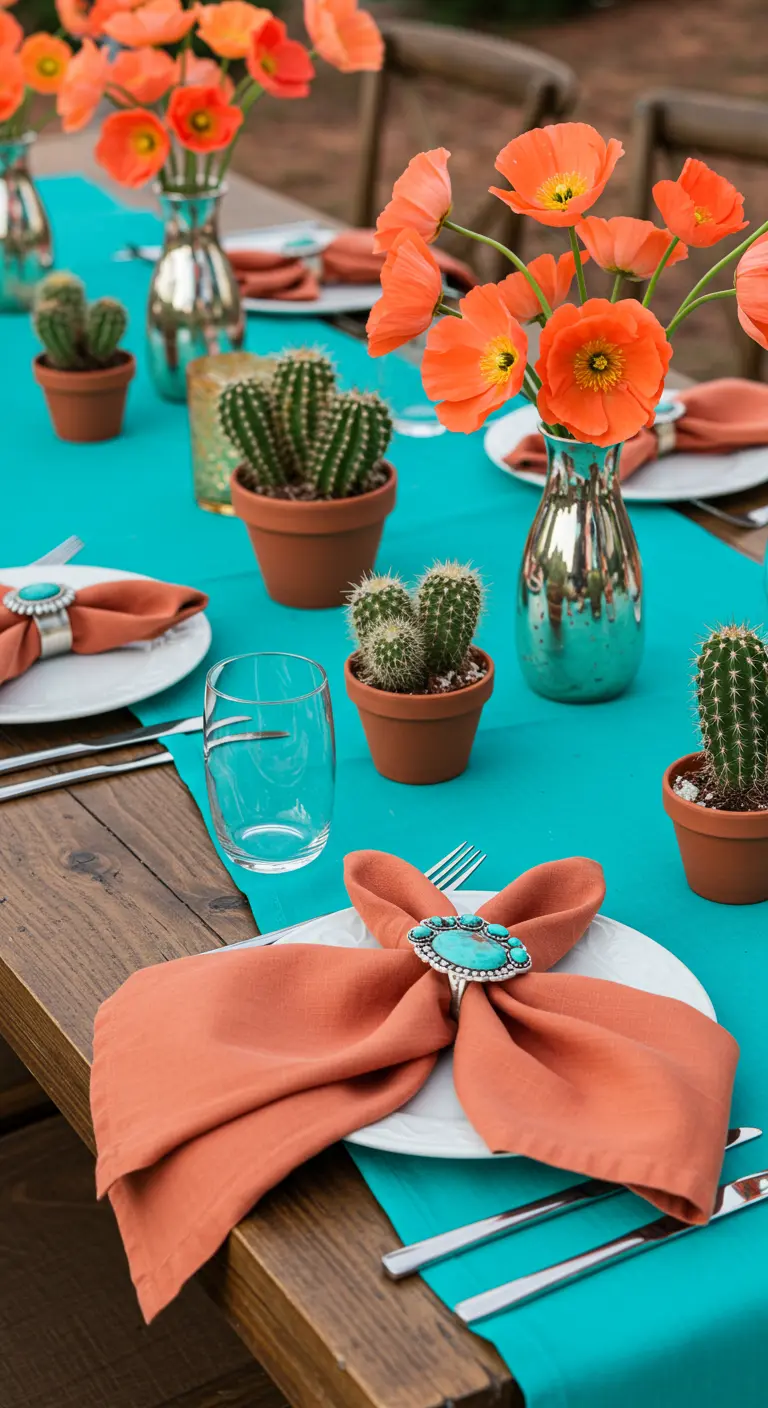 A vibrant tablescape with a turquoise runner, orange poppies, and mini cacti.
