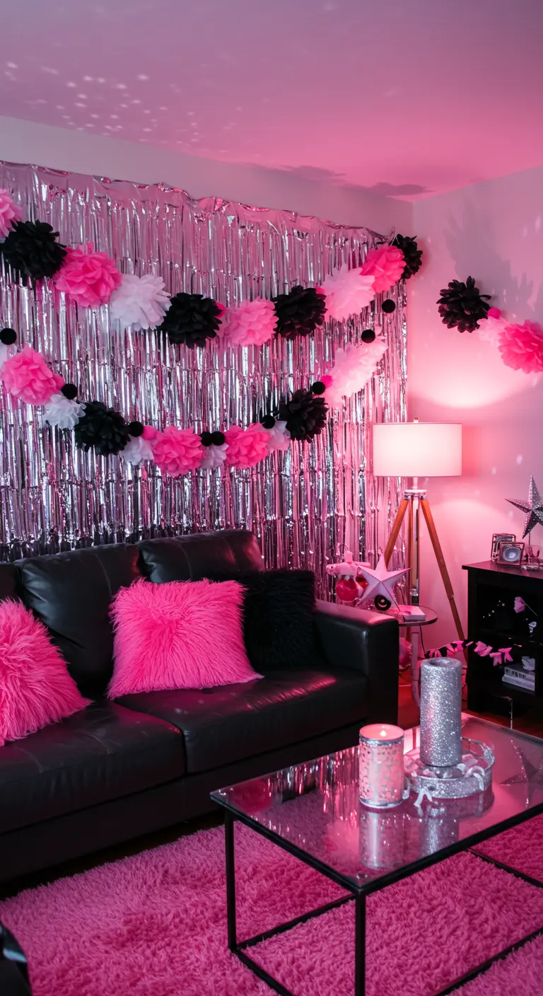 A living room with a silver foil curtain, decorated with hot pink and black pom-poms.