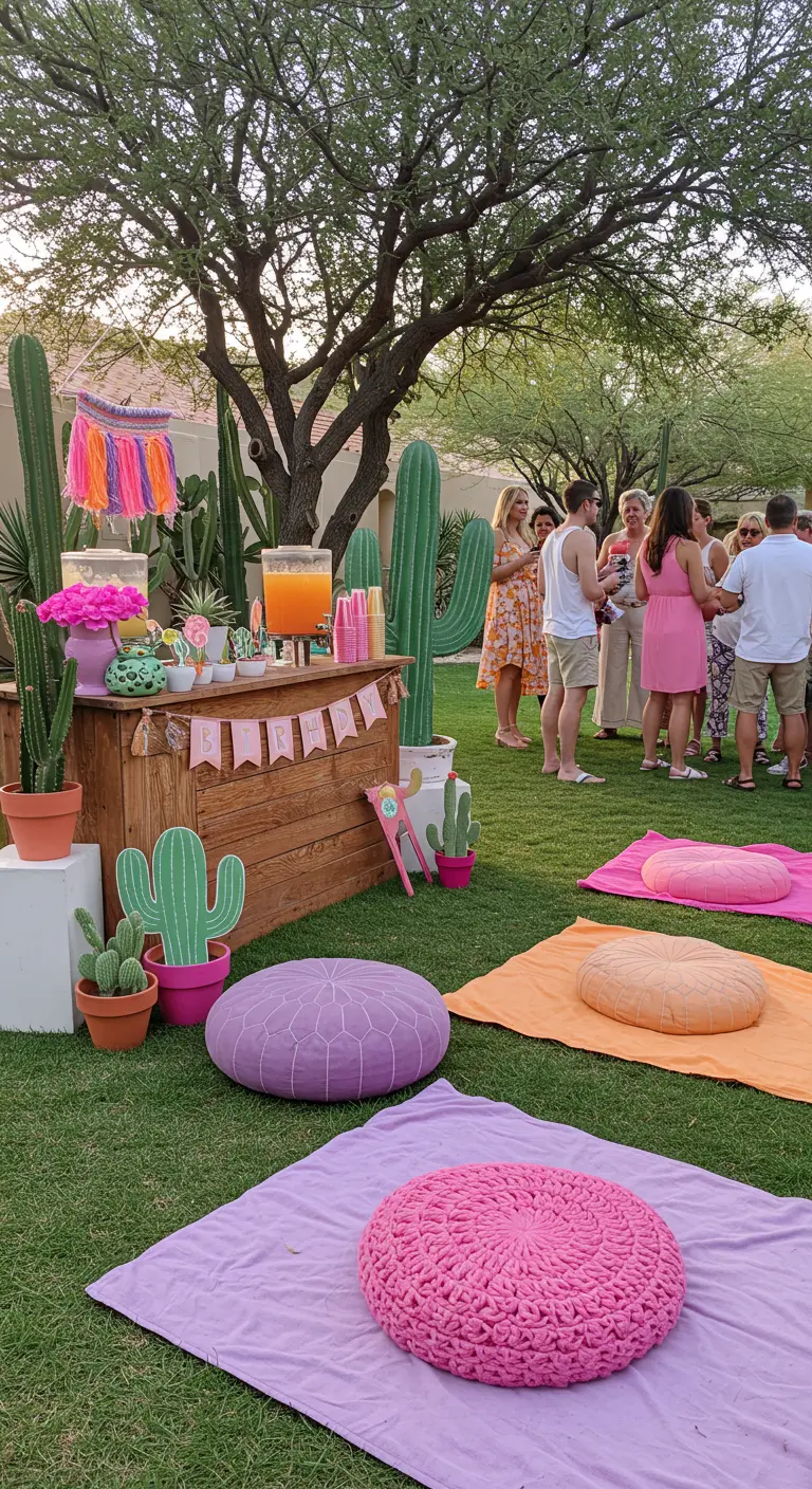 A colorful outdoor drink station with bright poufs, cacti, and guests mingling.