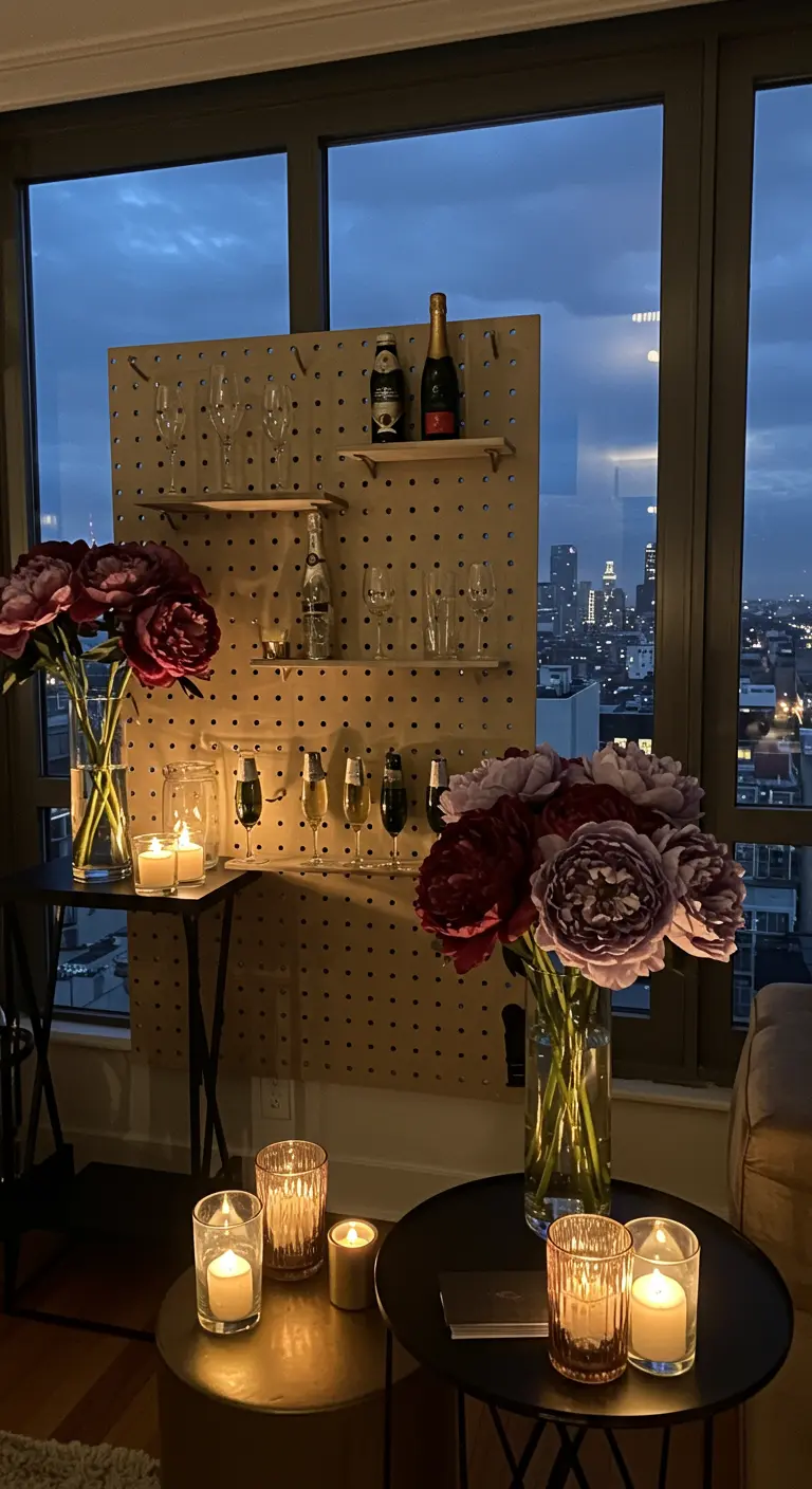 A DIY bar station made from a pegboard holding champagne glasses and bottles.