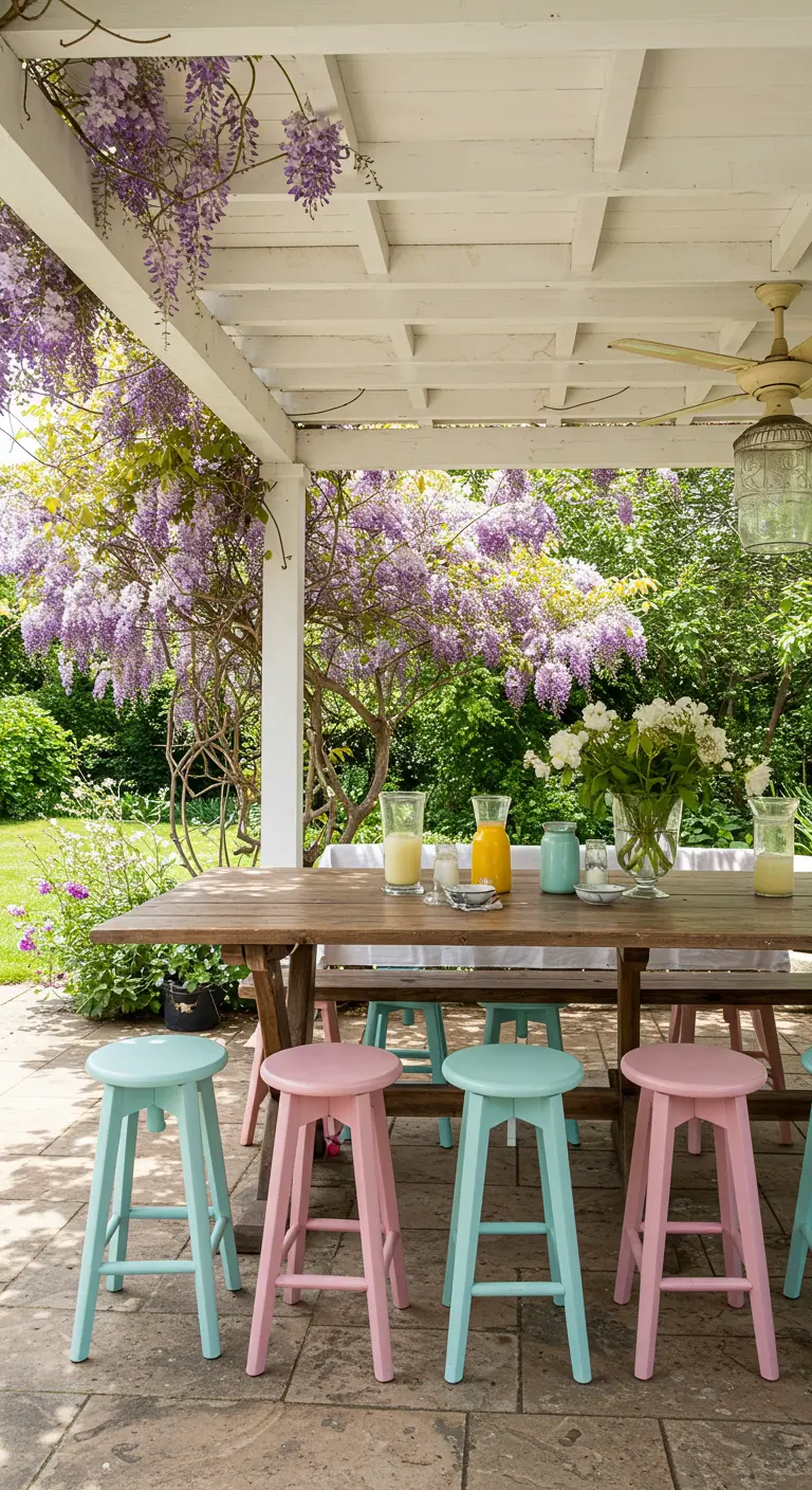 Pastel pink and mint stools pulled up to a large wooden dining table under a wisteria-covered pergola.