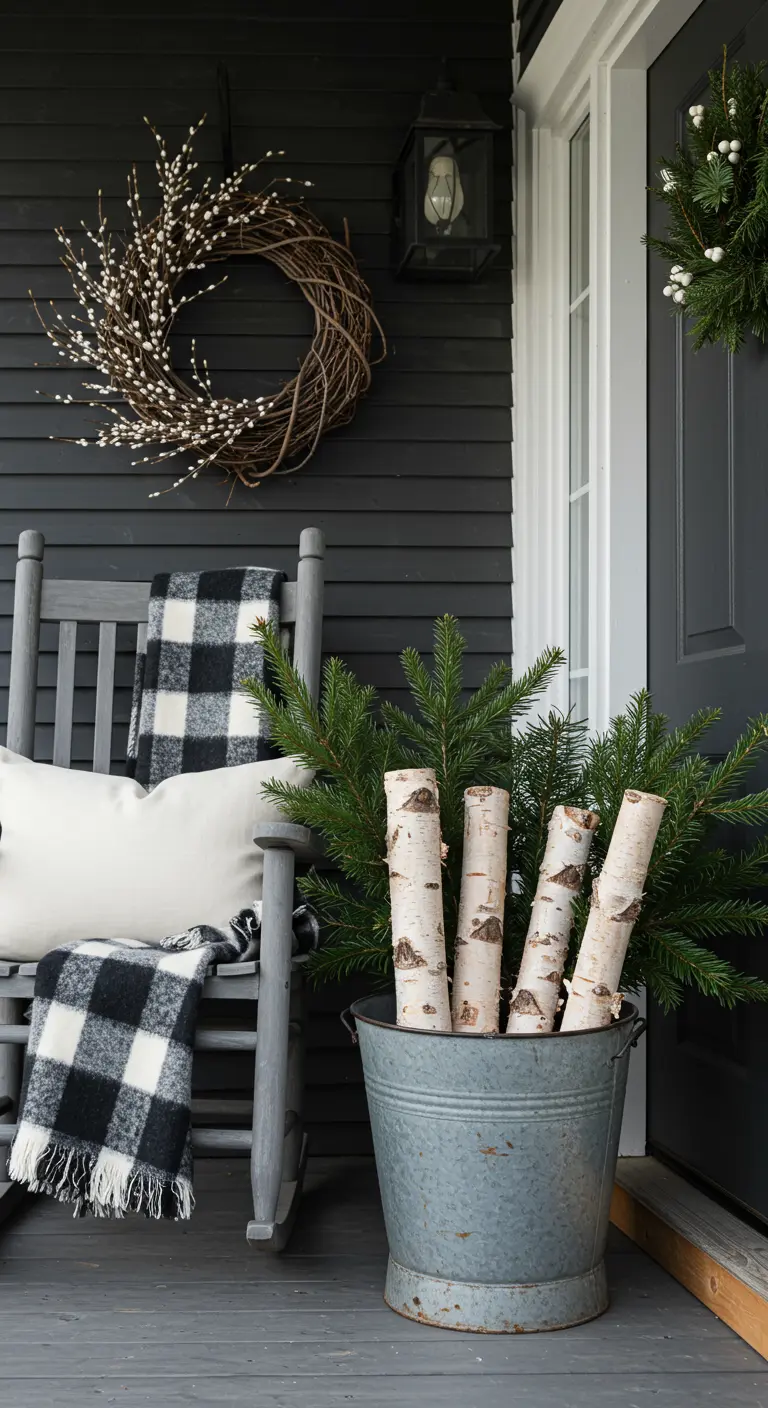 Cozy porch with a rocking chair, birch logs in a bucket, and a twig wreath.