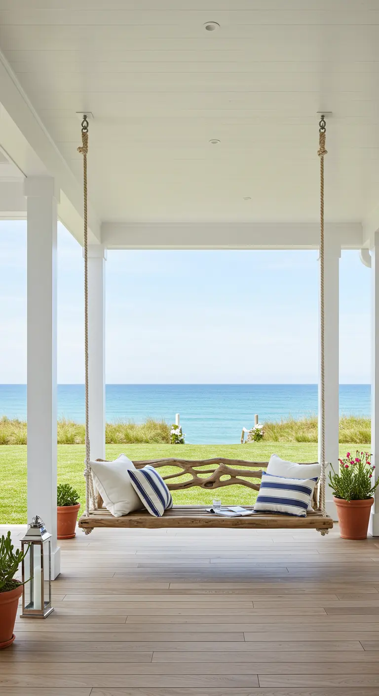 Wooden swing bench with striped cushions on a white porch overlooking the ocean.