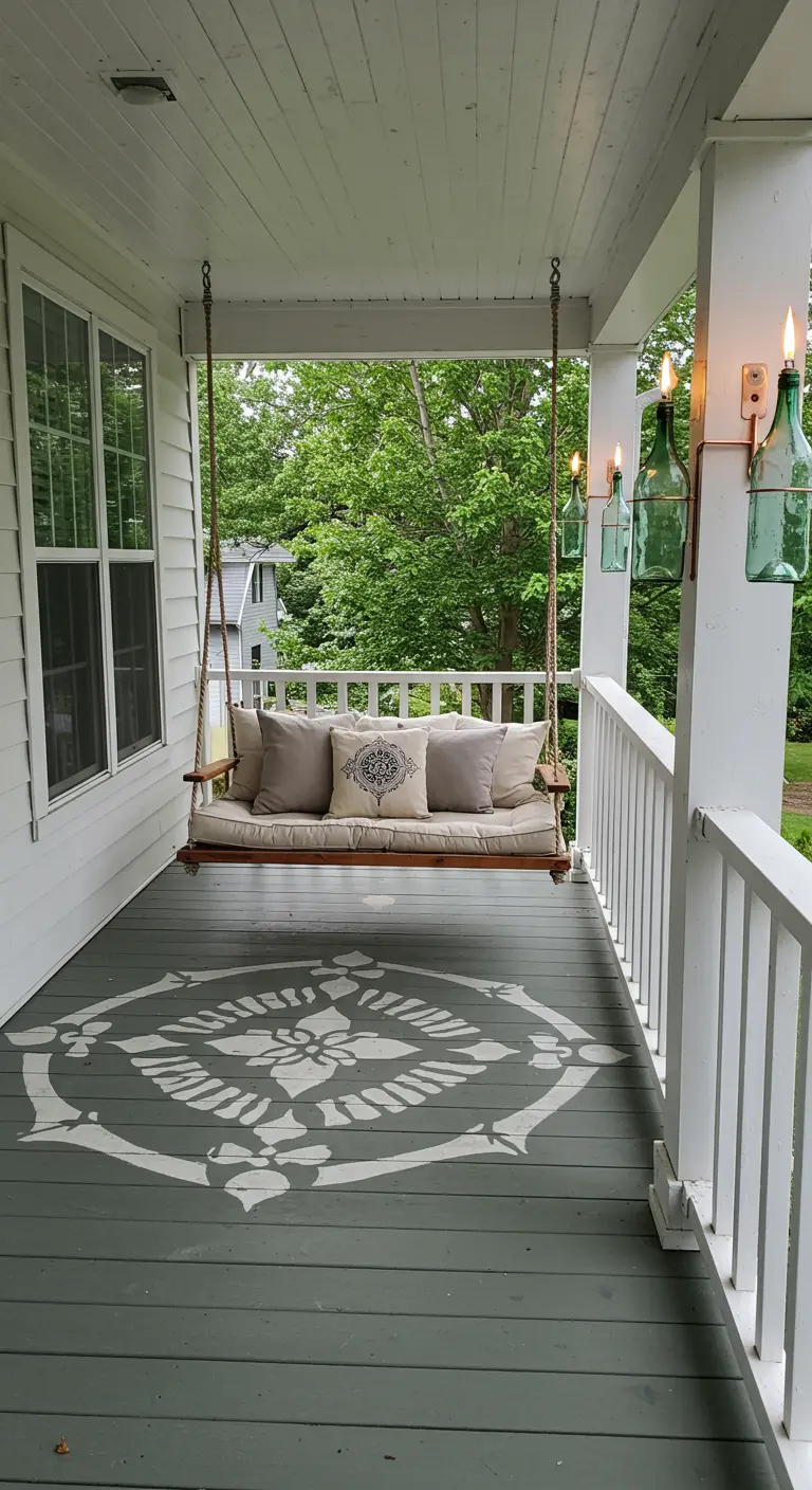 A porch swing with light blue bottle torches mounted on the white pillars.