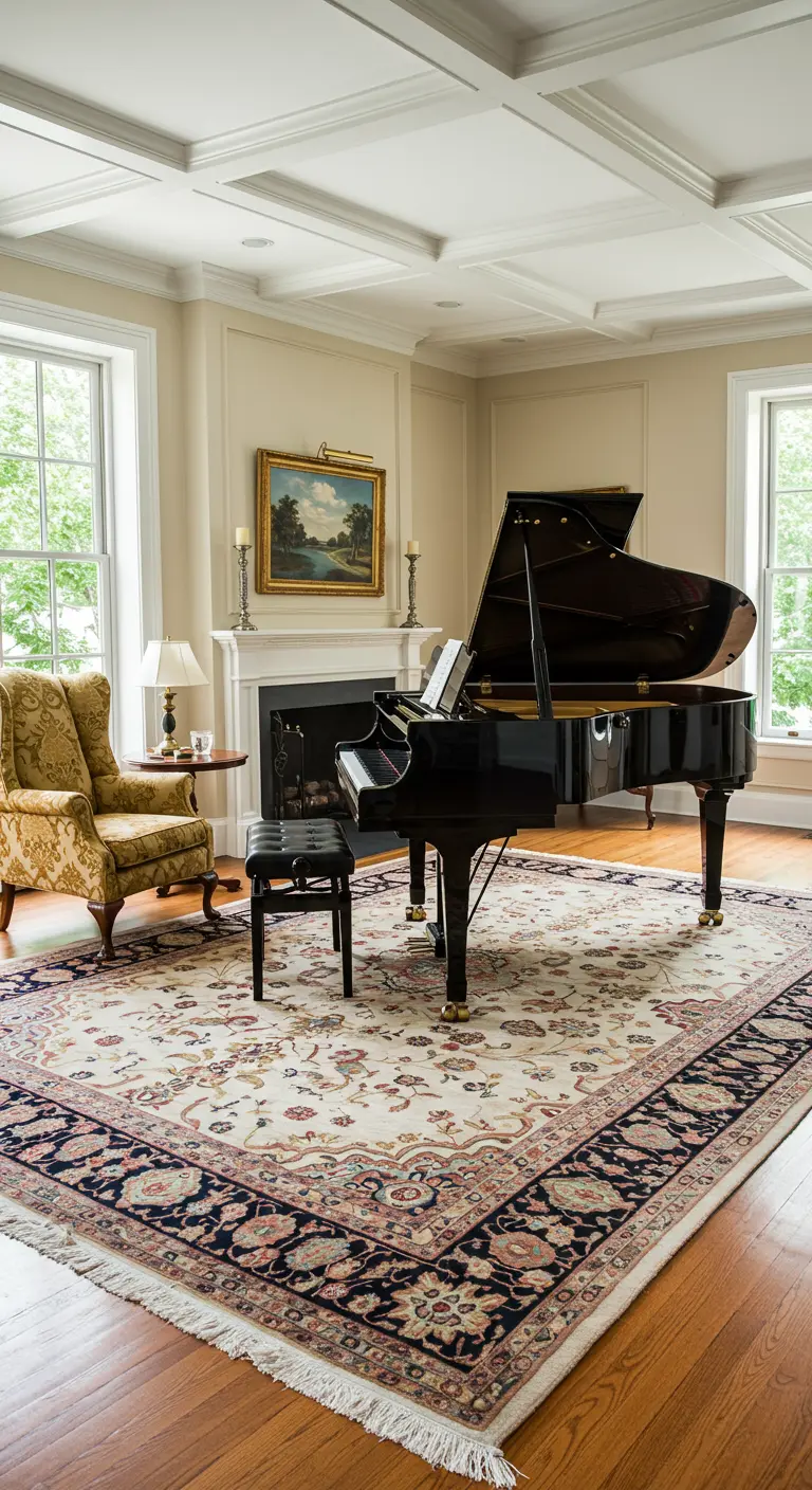 A patterned wingback chair sits near a grand piano on a large, pale Oriental rug.