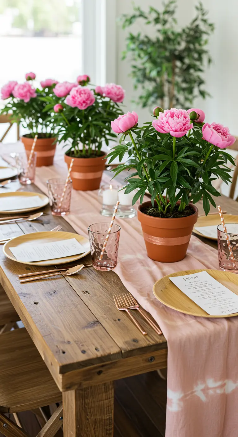 Rustic table with potted pink peonies and a tie-dye style runner.