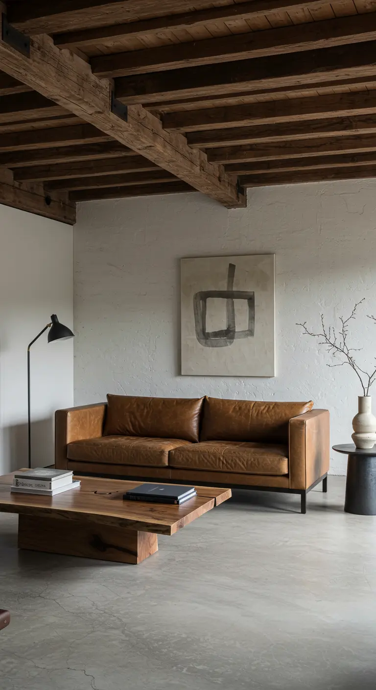 Minimalist rustic room with a modern leather sofa, concrete floor, and a single abstract painting.