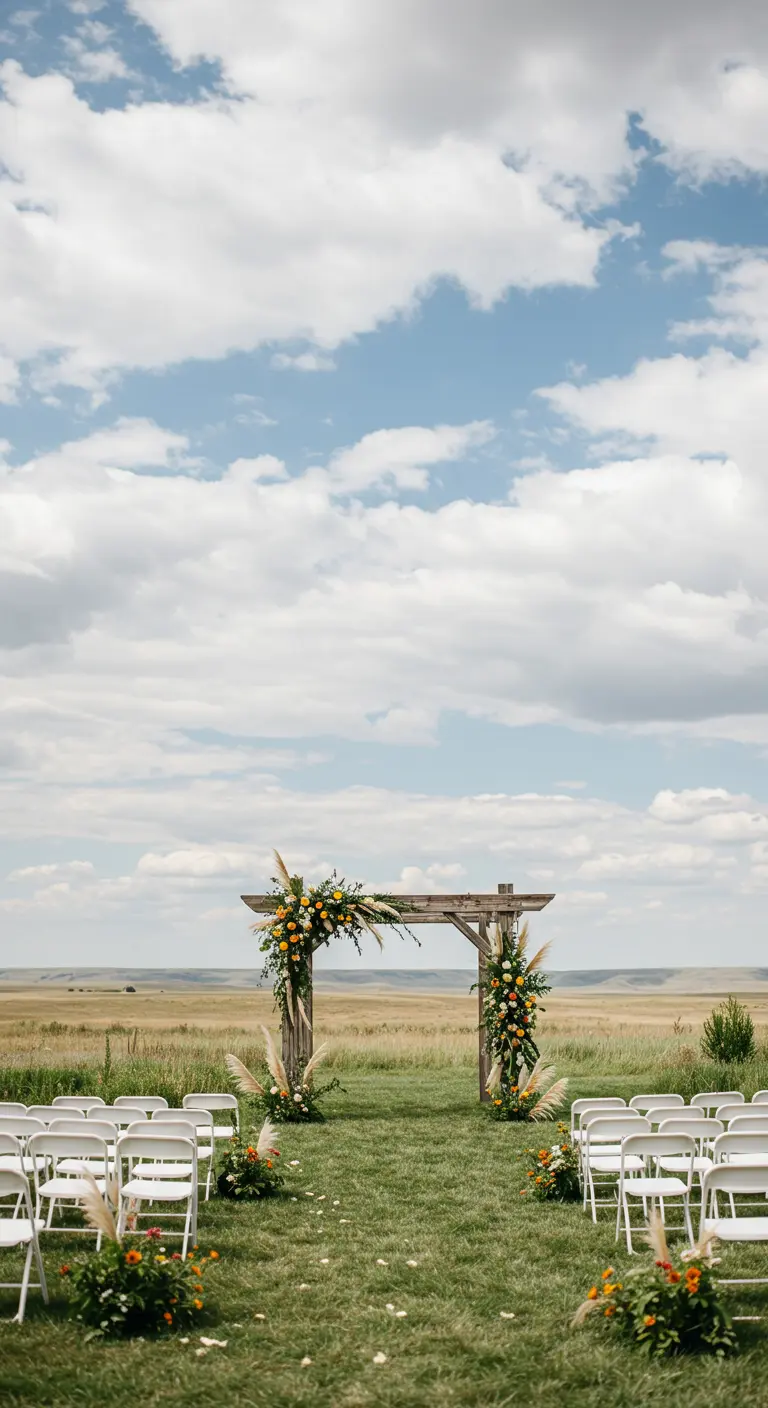 A simple wooden arch with pampas grass in a wide-open prairie under a cloudy sky.