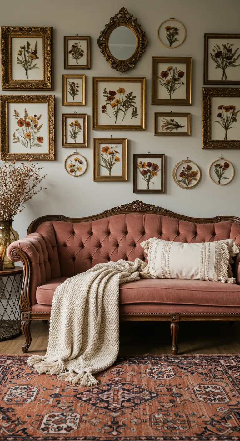 A gallery wall of pressed flowers in vintage gold frames above a dusty rose sofa.