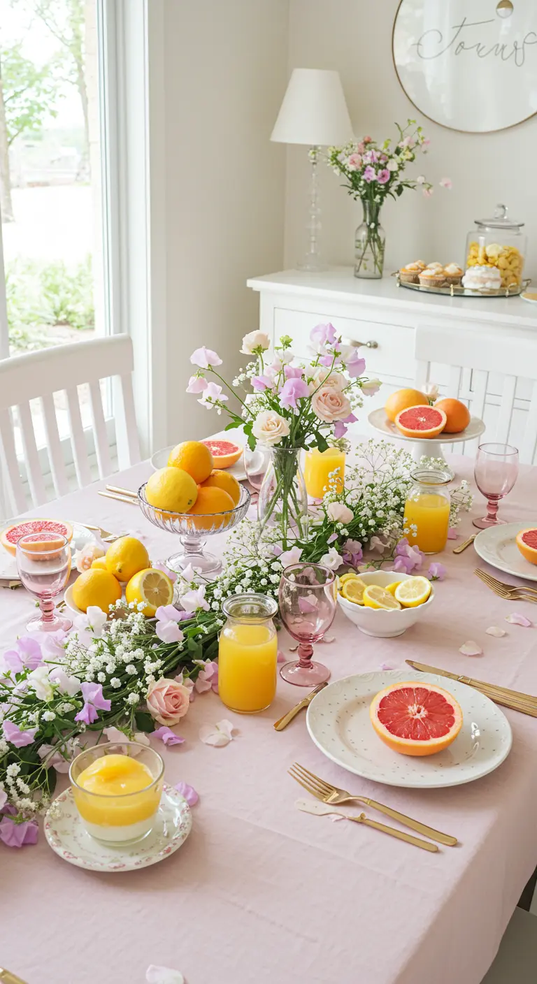 A tablescape with a pink theme, featuring a grapefruit and lemon garland and pink glassware.