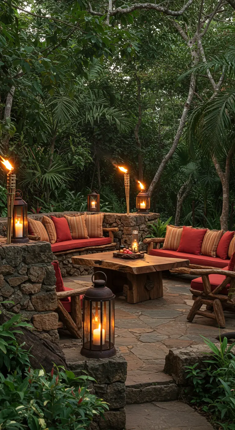 A rustic outdoor lounge with stone walls, wooden seating, and glowing tiki torches.