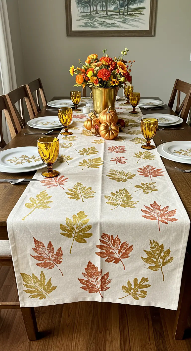 A white table runner DIY-stamped with gold, green, and rust-colored leaves.