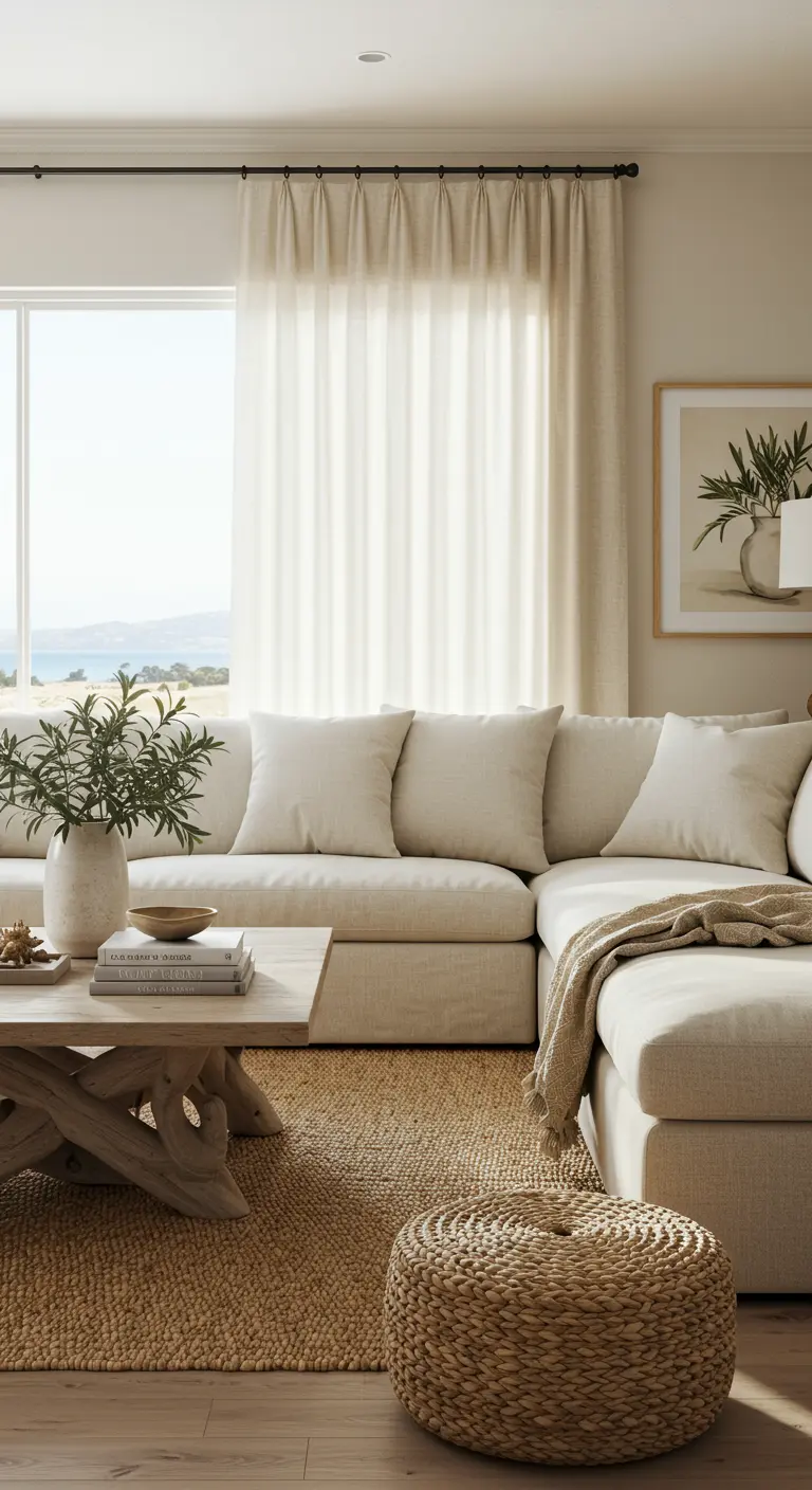 Comfortable coastal living room with a deep sectional sofa and a woven pouf.
