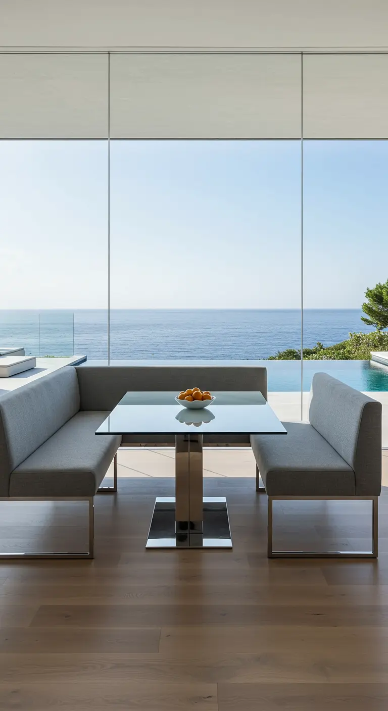 A minimalist breakfast nook with backless benches and a glass table overlooking the sea.