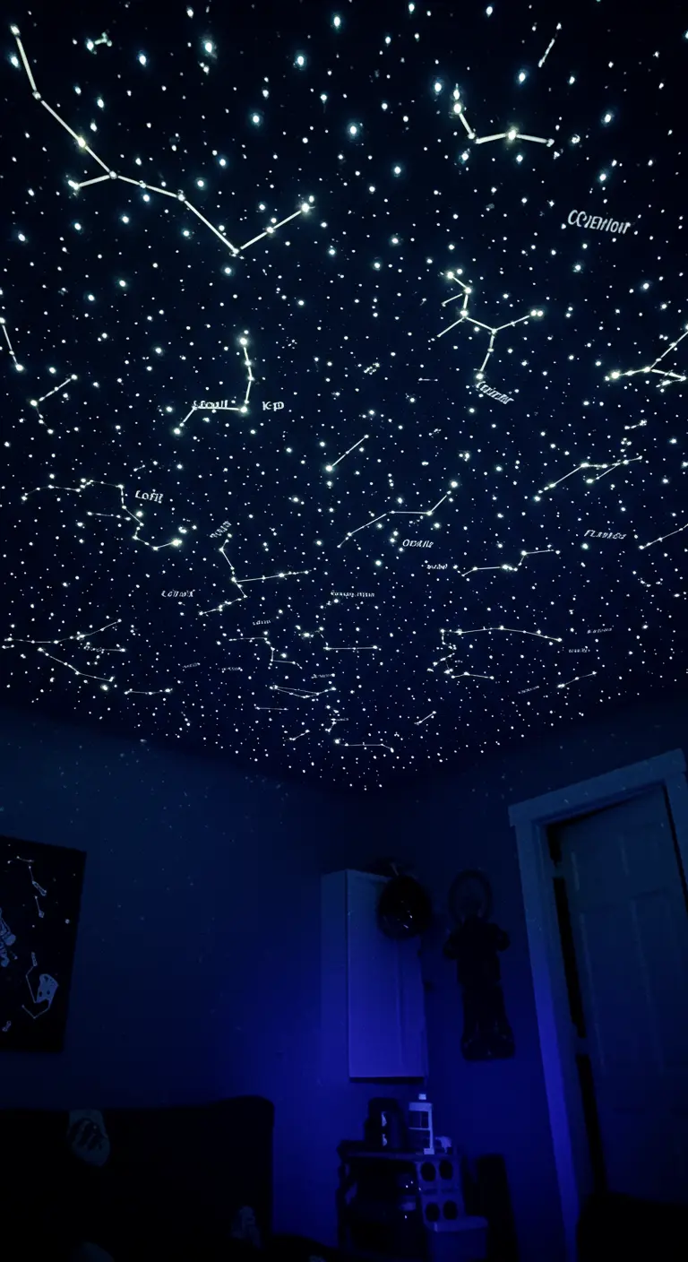 A dark room with realistic constellations and stars projected onto the ceiling.