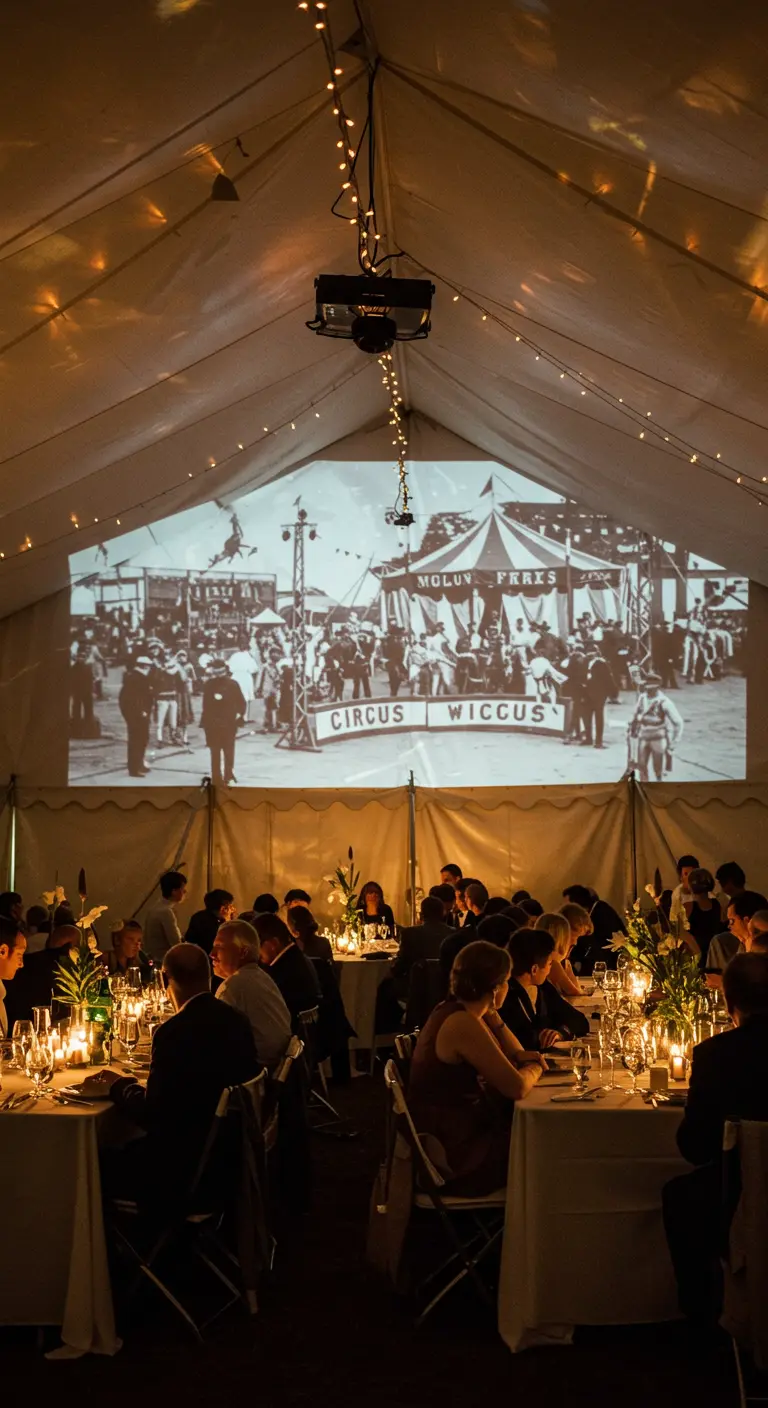 Old black-and-white circus footage projected onto a tent wall at a dinner party.