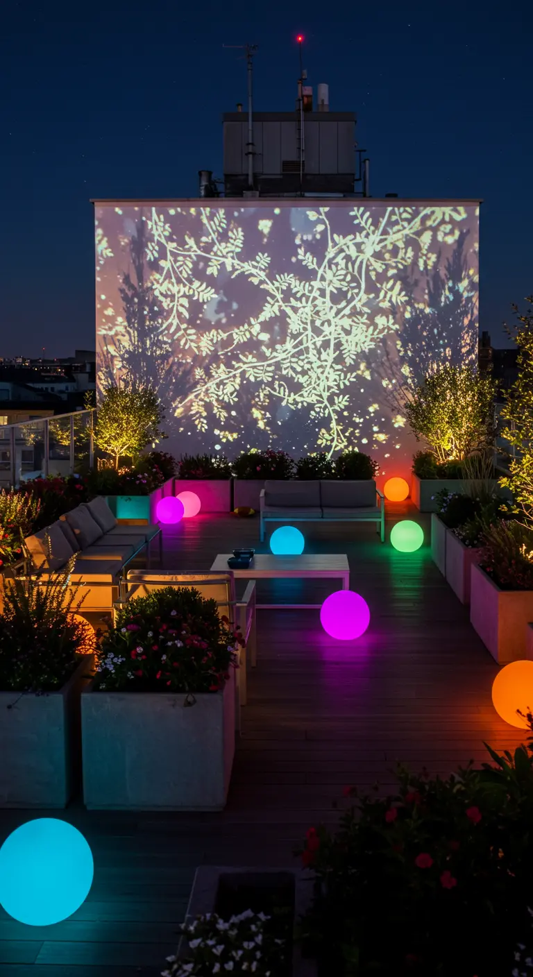 A rooftop terrace at night with a botanical pattern projected onto a large wall and colorful orbs on the floor.