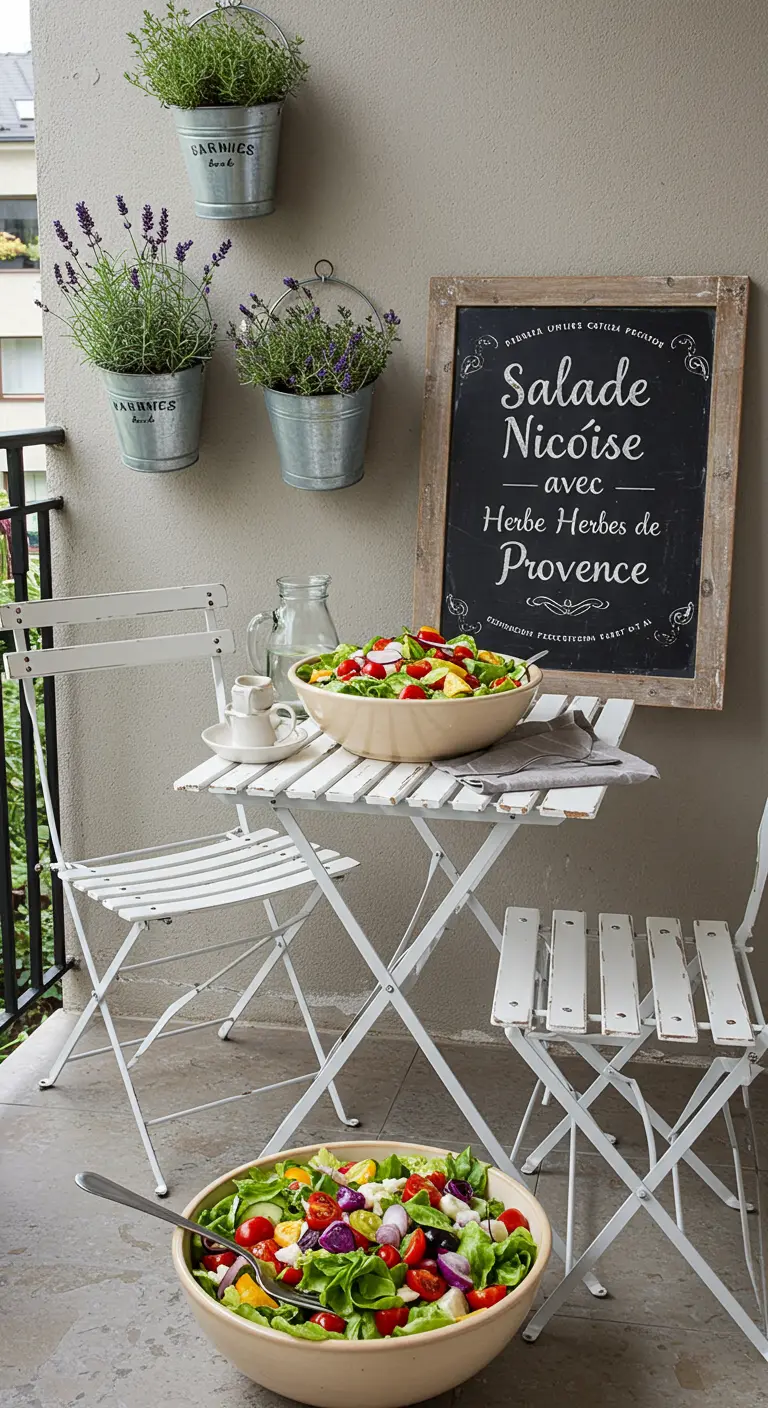 A chic balcony with hanging buckets of lavender and a table set with a large Salade Niçoise.