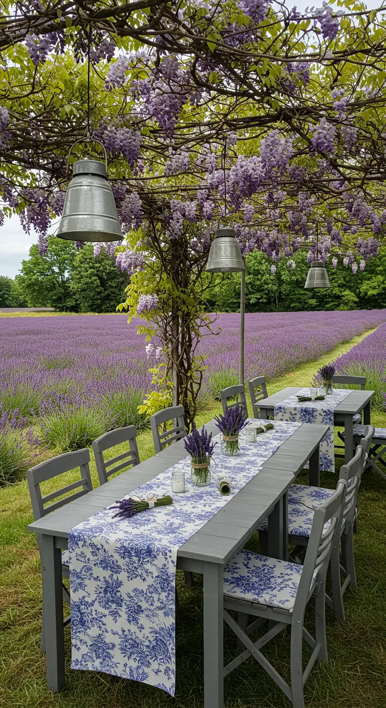 Table set in a lavender field with a blue and white floral runner and metal lanterns.