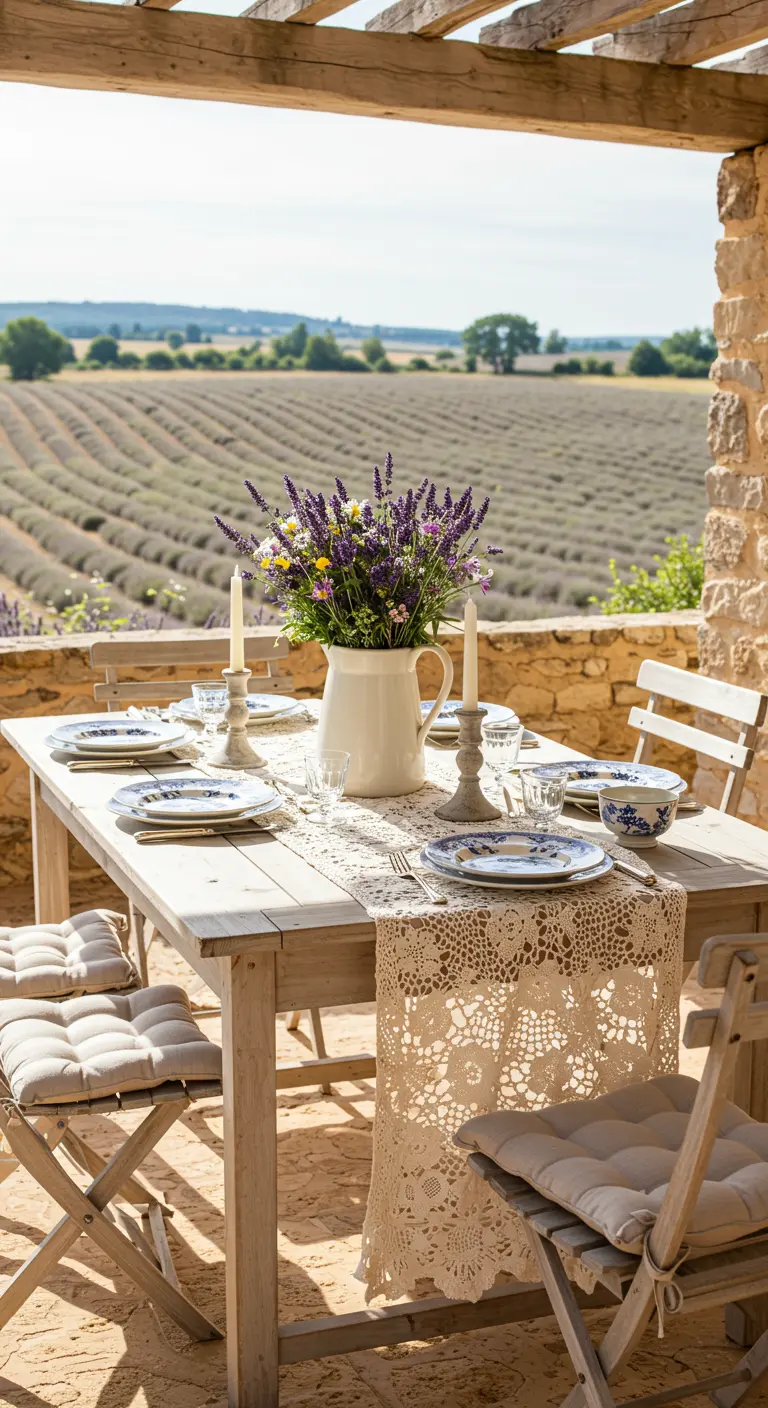Rustic table on a stone patio overlooking lavender fields in Provence.