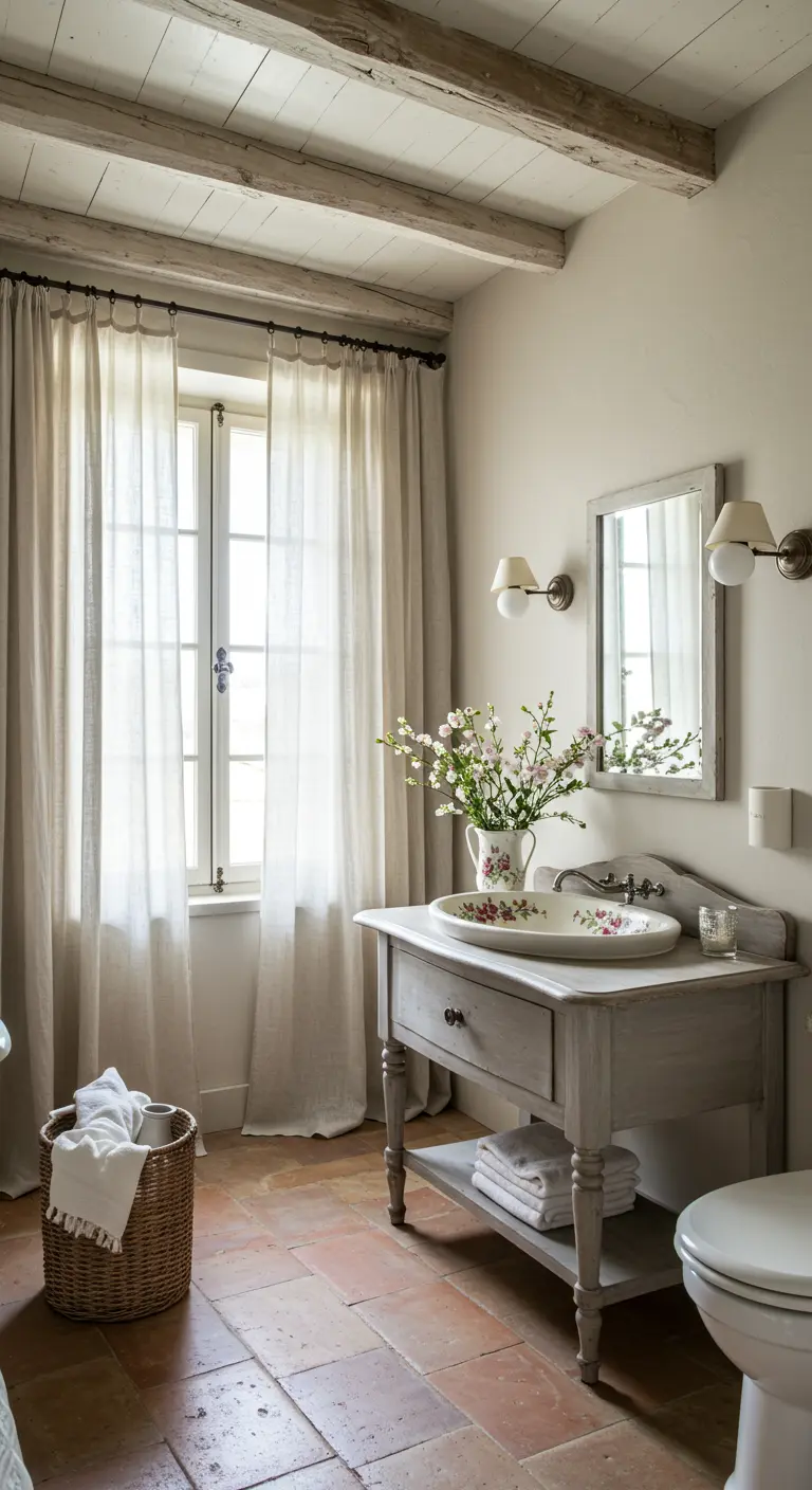 Serene bathroom with long linen curtains, a painted grey vanity, and terracotta tile floors.