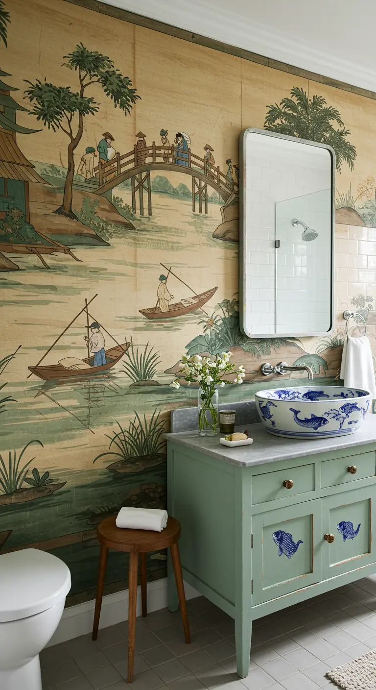 Bathroom with sepia Chinoiserie mural and a painted mint green vanity.