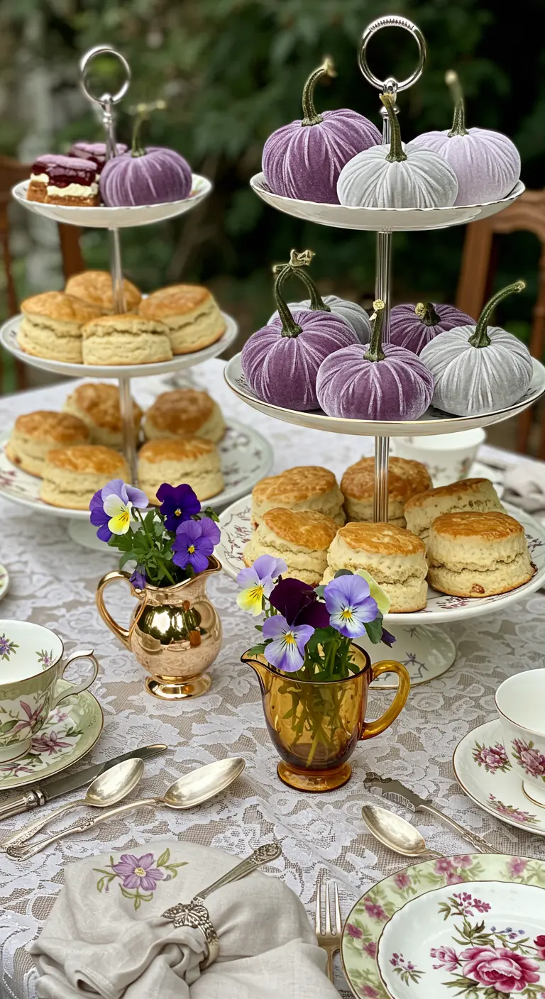 Afternoon tea setup with velvet pumpkins on tiered stands instead of cakes.