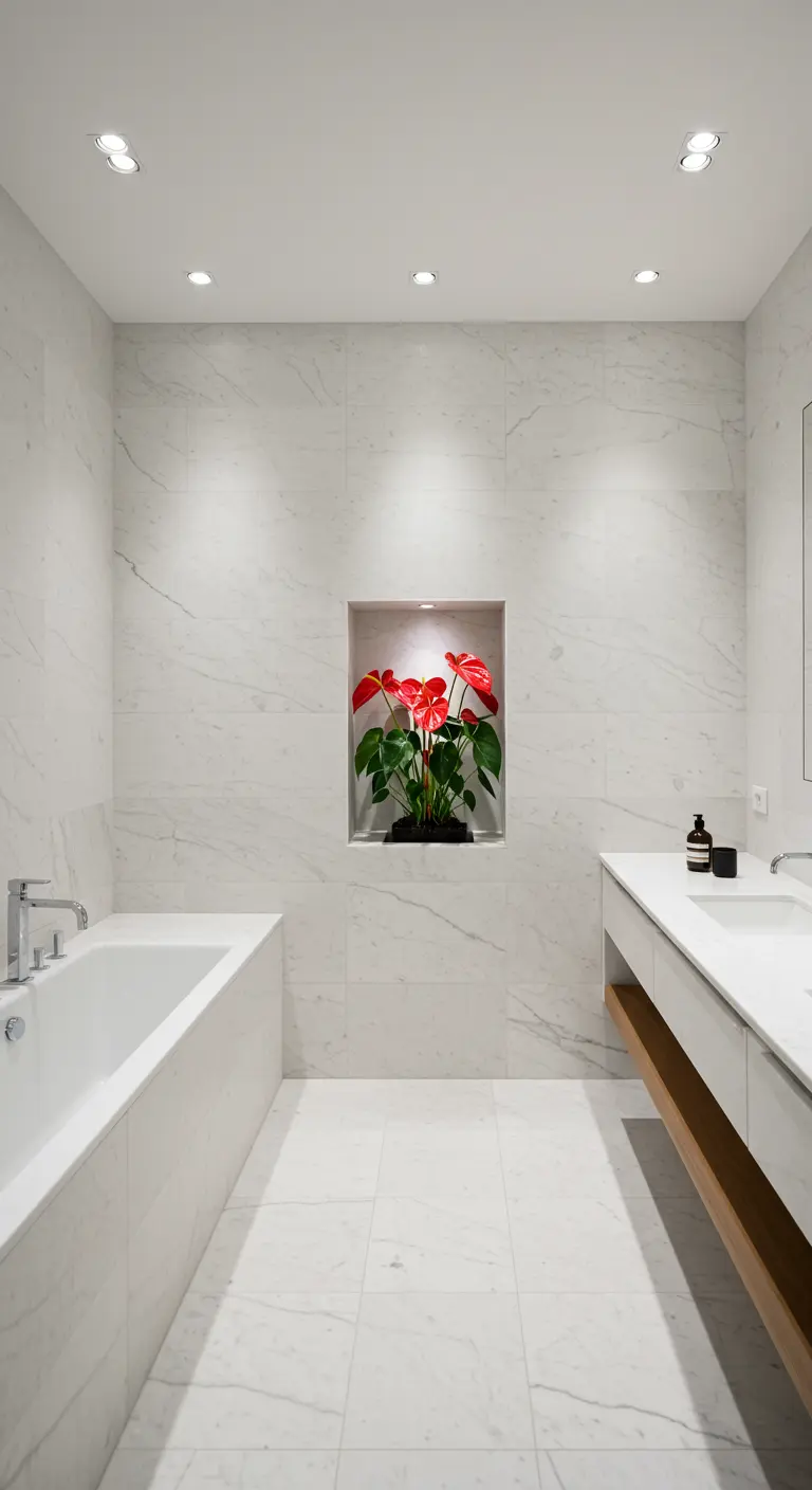 White marble bathroom with a small niche holding a red anthurium plant.