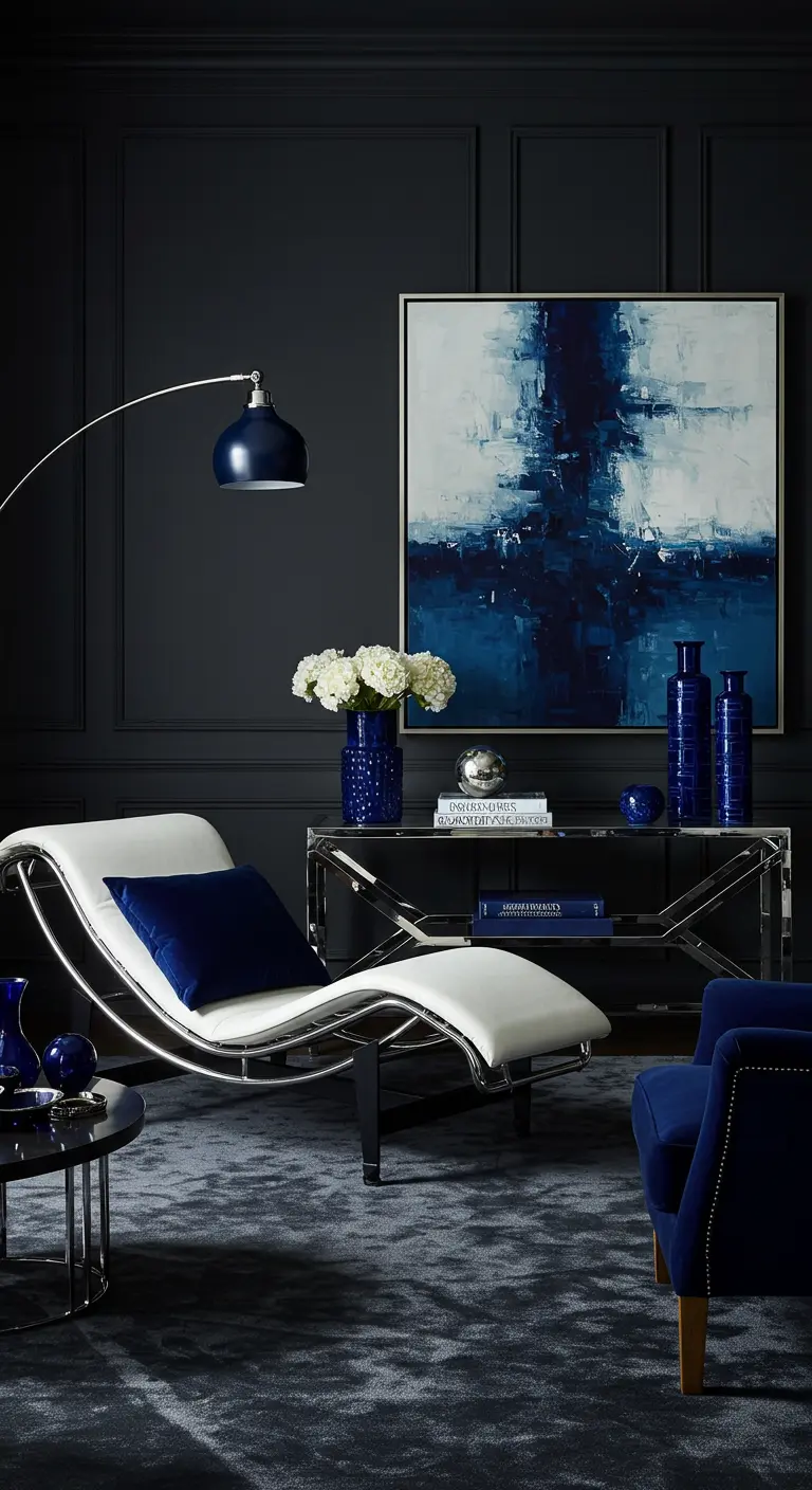A black and white room with a white chaise is punctuated by cobalt blue accents in art and decor.