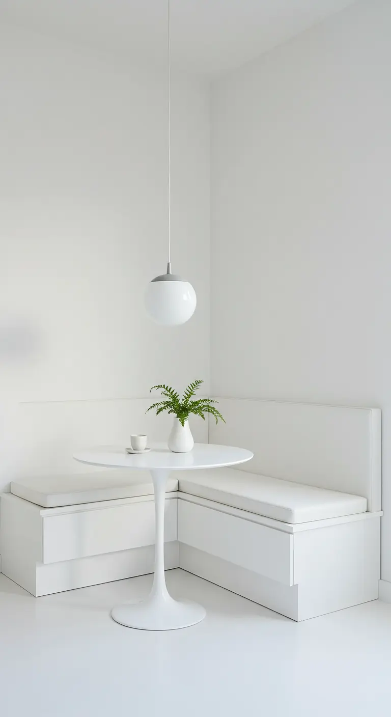 An all-white minimalist dining nook with a single green fern on the table.
