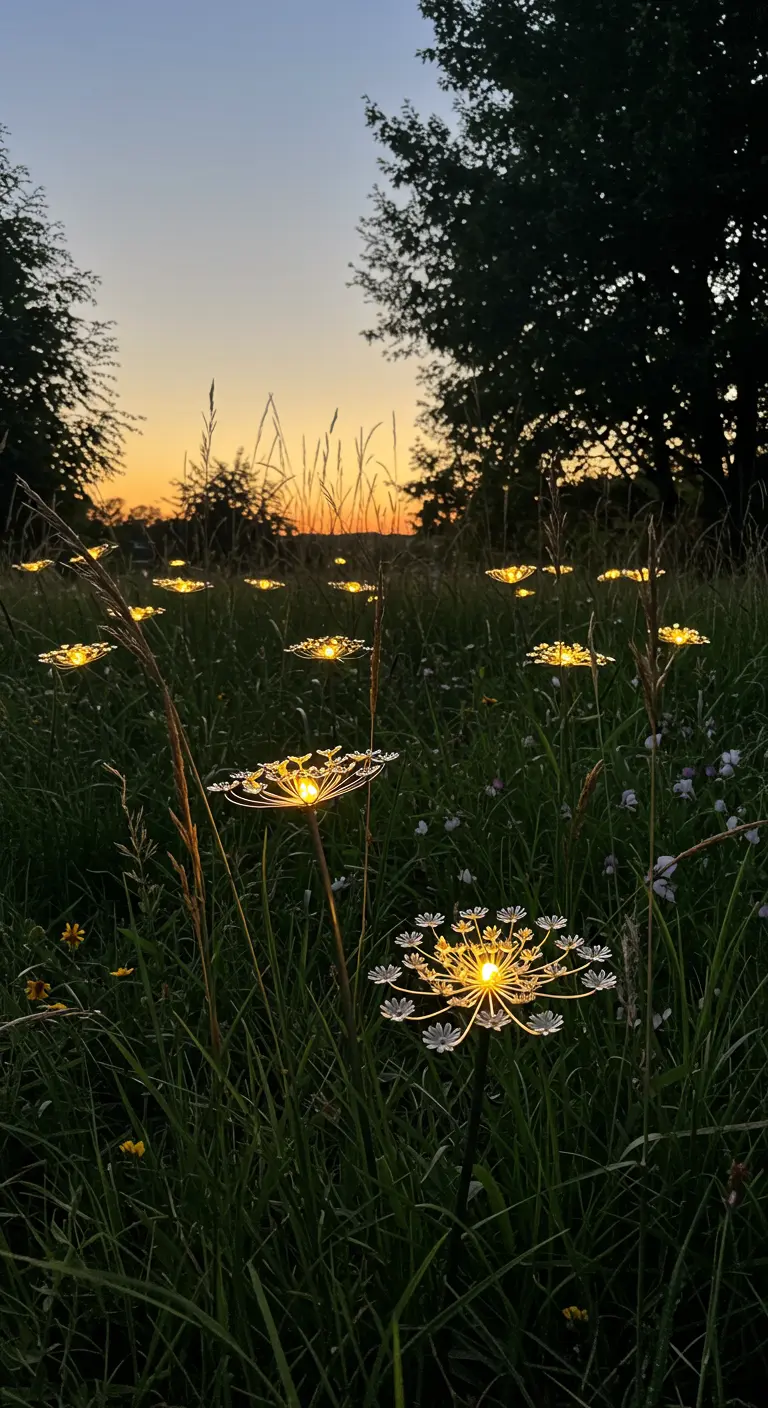 Solar-powered lights shaped like Queen Anne's Lace glowing in a meadow at sunset.