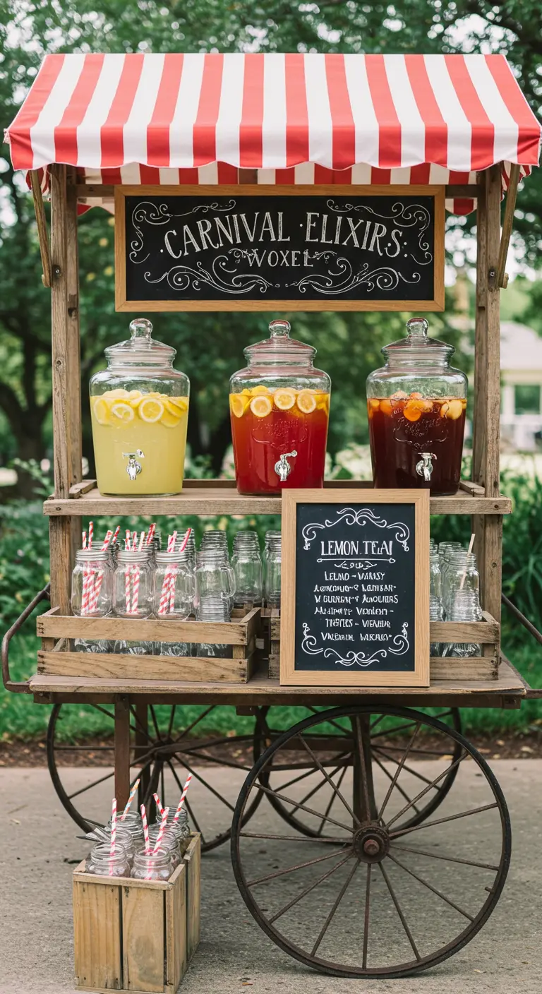 Rustic wooden cart with glass drink dispensers and chalkboard signs.