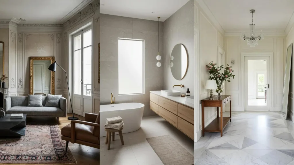 Quiet luxury interior design with timeless furniture, understated tones, and texture-rich surfaces in living room, bathroom, and hall.