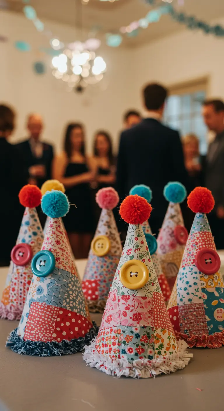A collection of colorful patchwork party hats adorned with buttons and pom-poms.