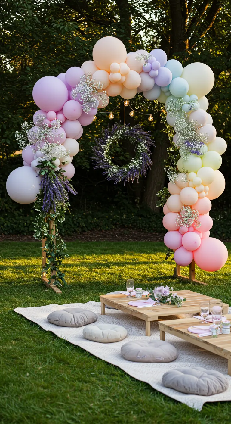 A rainbow pastel balloon arch with lavender sprigs set up for an outdoor picnic party.