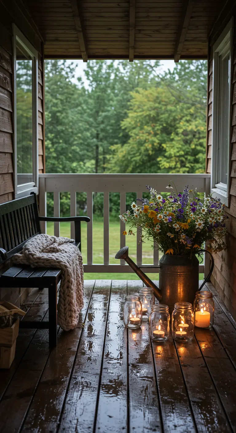 A covered porch on a rainy day, with a dark bench, a chunky blanket, and candles in jars on the wet floor.