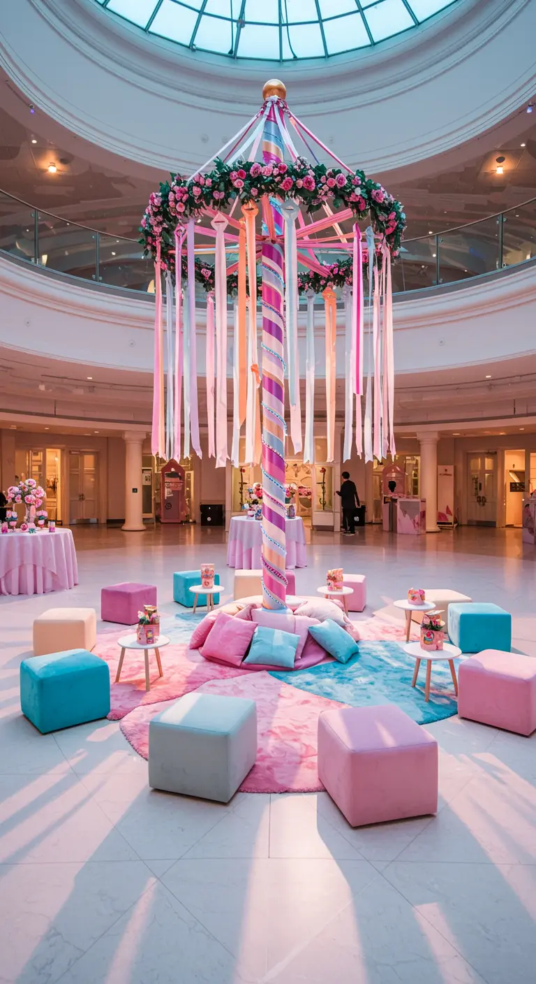 A carousel-style maypole with pastel ribbons and flowers in a grand hall.