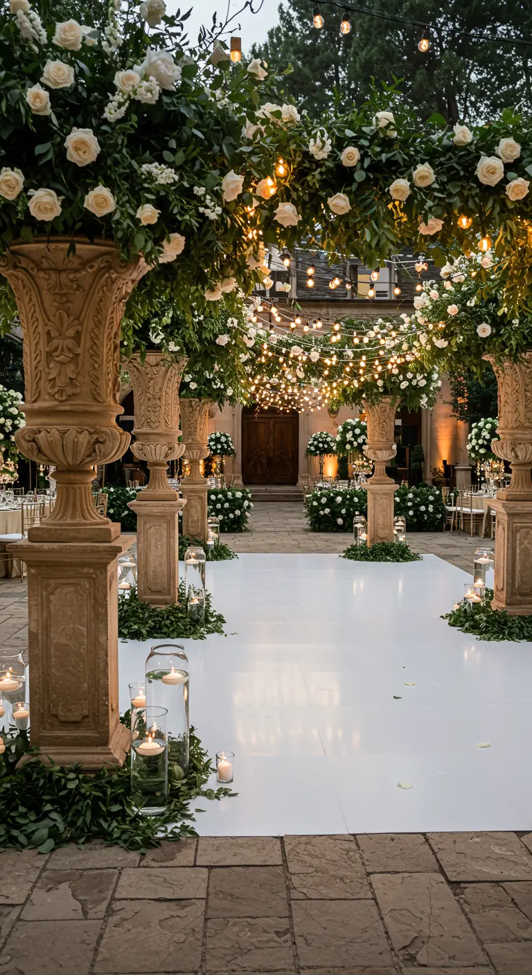 Grand stone pillars with massive rose arrangements framing a white dance floor.