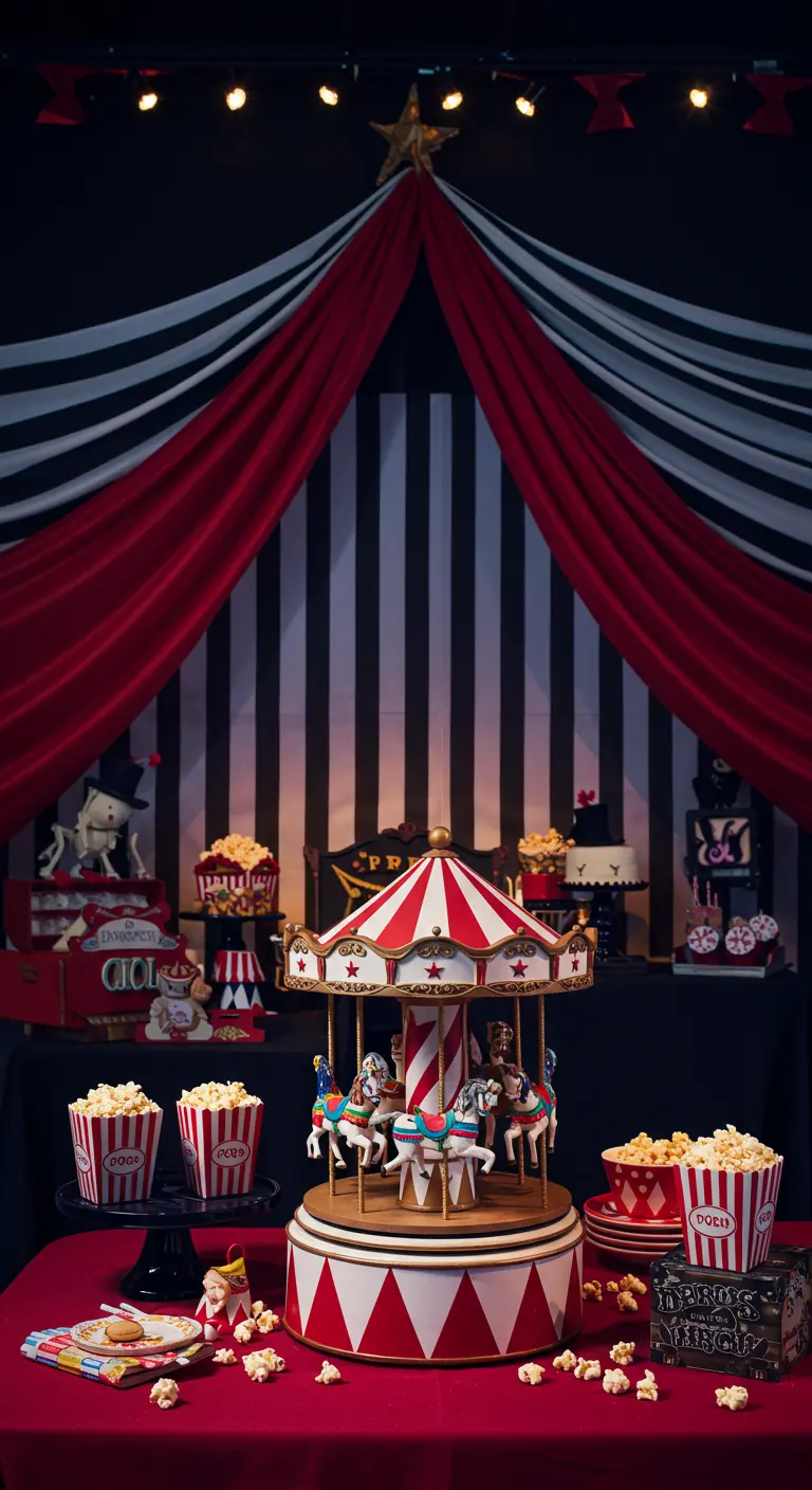 A black, white, and red circus-themed dessert table with a carousel centerpiece.