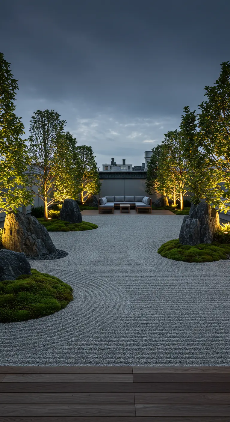 A serene rooftop Zen garden with raked gravel, mossy mounds, rocks, and illuminated trees.
